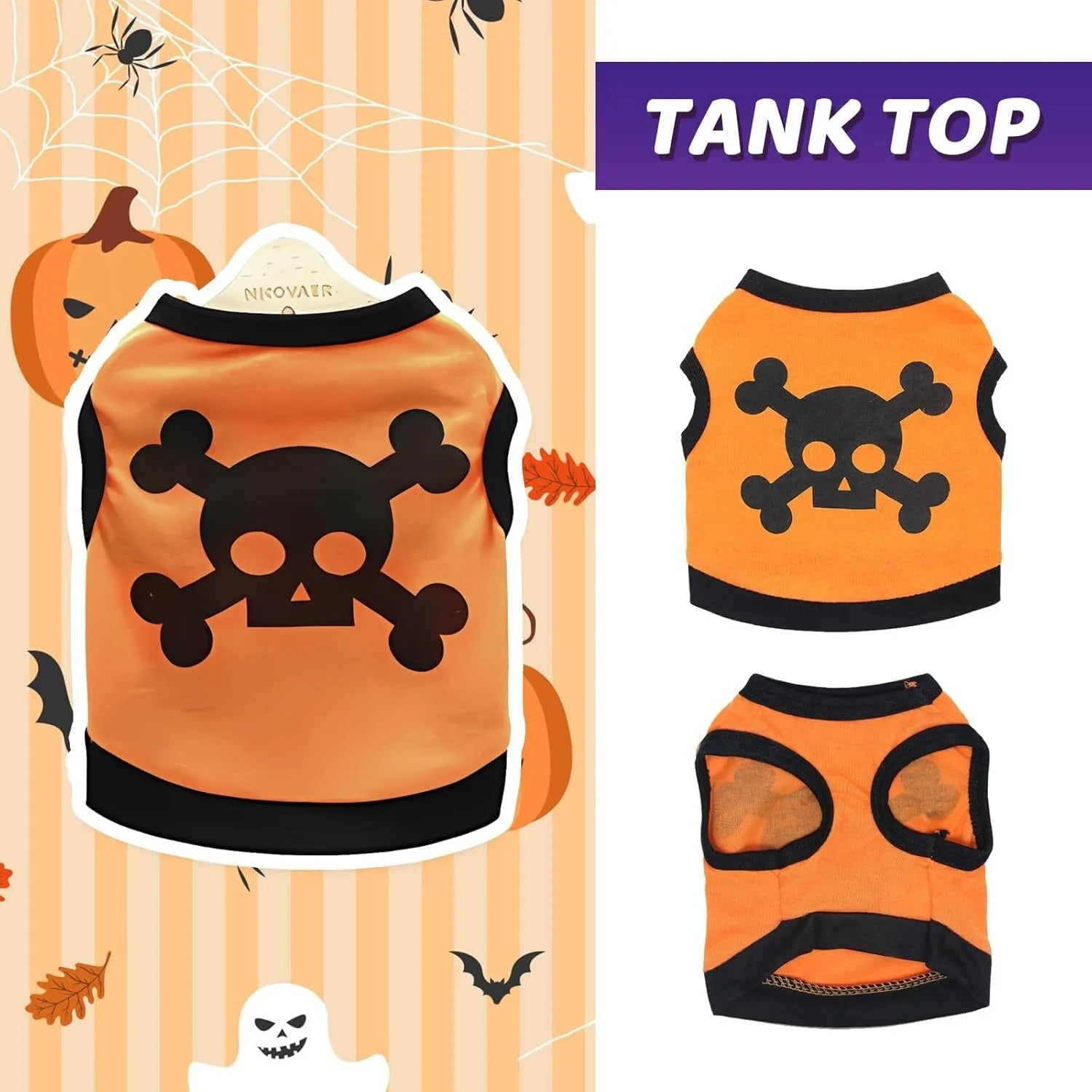 Dog wearing blue Halloween vest with skull bones pattern, stretch cotton pet costume