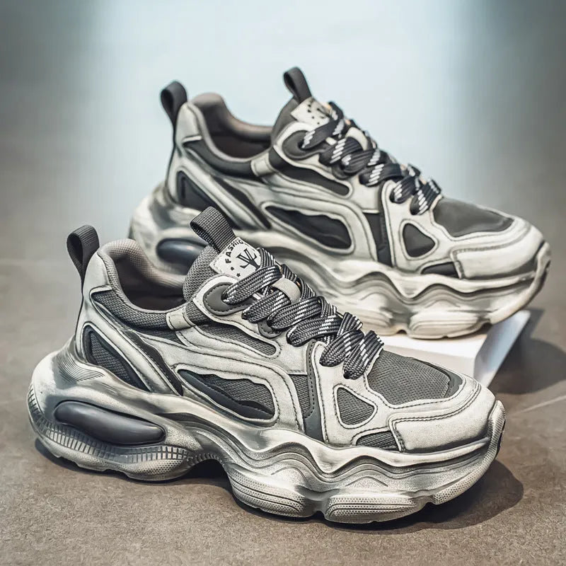 Men's mesh casual height increasing sneakers with colour brush detail in black, gray, and white