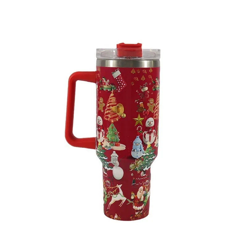 Christmas pattern stainless steel vacuum tumbler with handle, lid and straw - 1200ml capacity travel cup