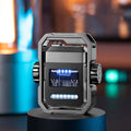 Blue Double Arc Pulse Lighter showing folded design, electric spark, and rotary gyroscope.