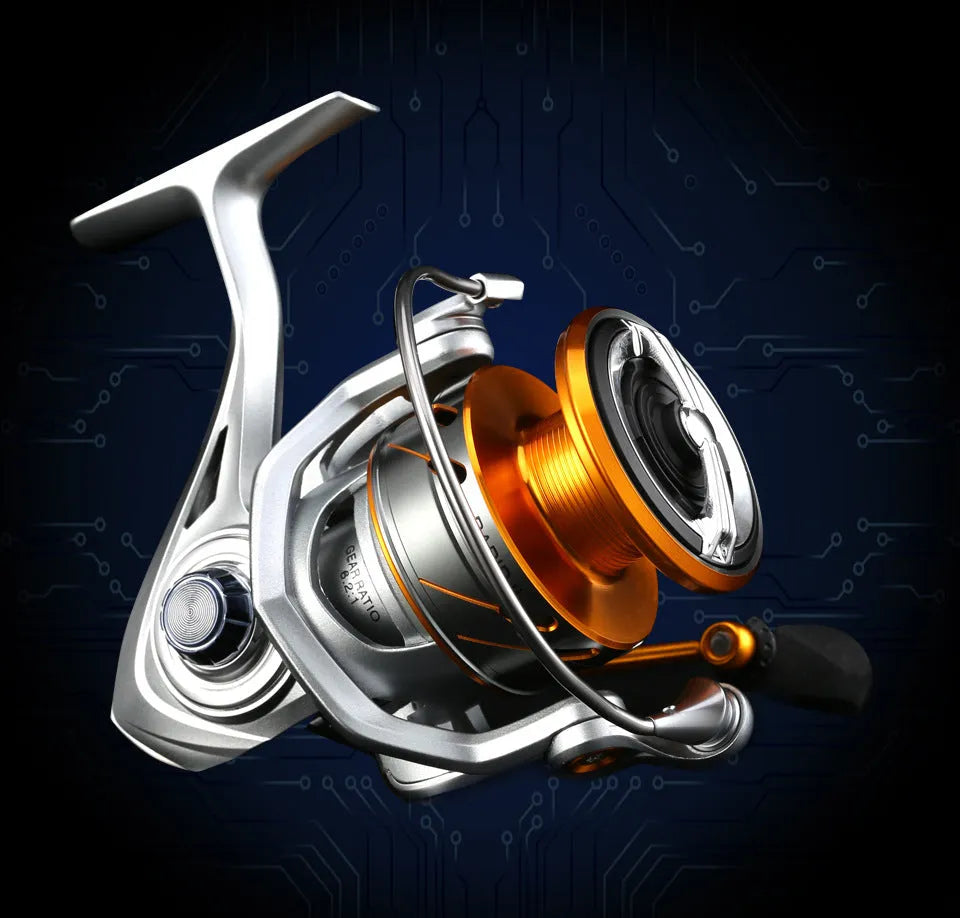 All metal long cast speed ratio spinning fishing reel in silver and red, 2000HX size on grey background