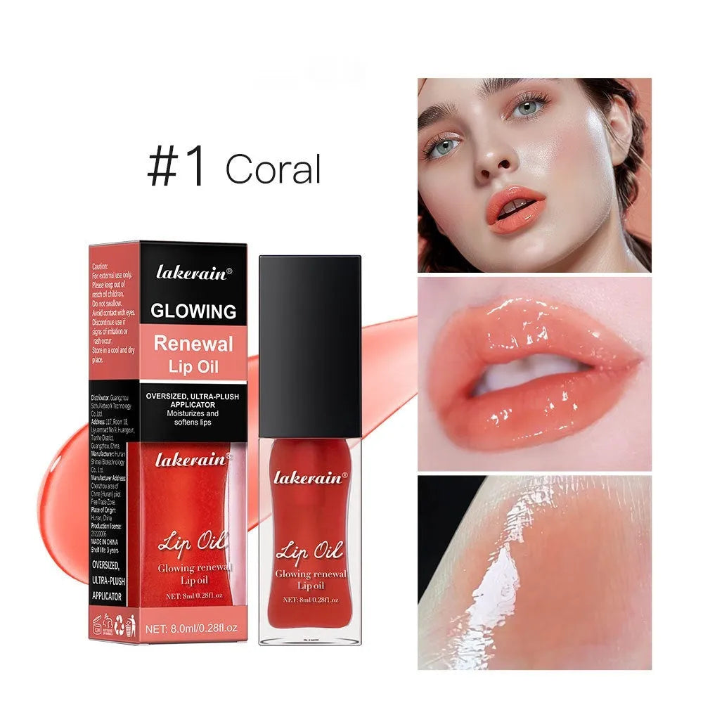 Lip gloss tube in one of seven colours: coral, clear, honey, jam, pink, red, or rose.