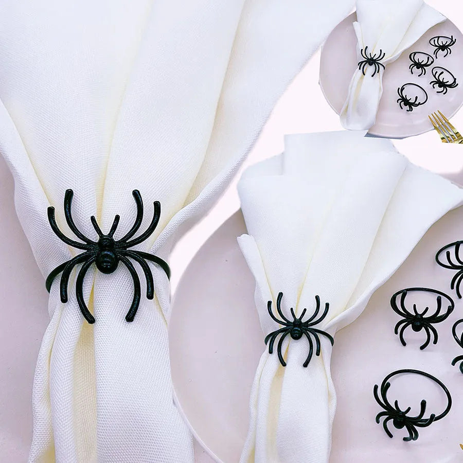 Six black alloy spider napkin rings for Halloween table decoration