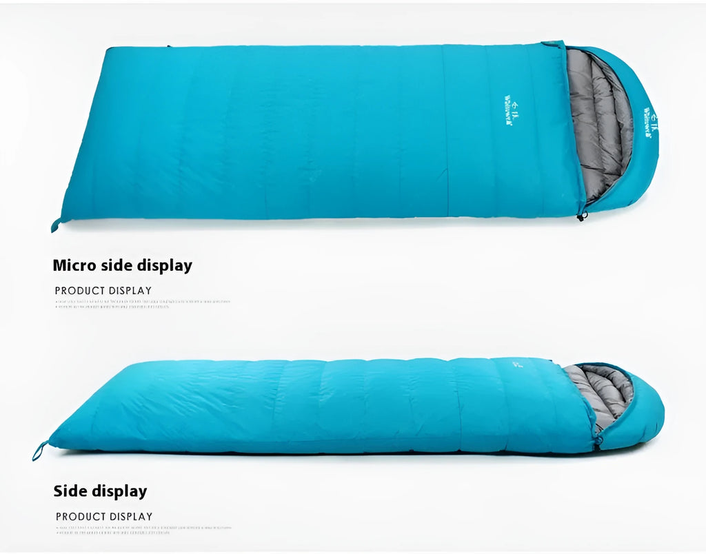 Black outdoor down sleeping bag with envelope structure for adult campers.