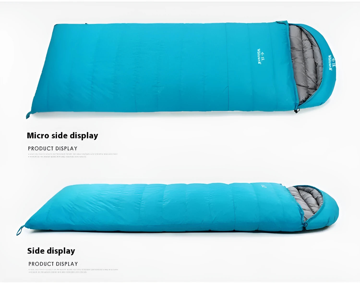 Black outdoor down sleeping bag with envelope structure for adult campers.
