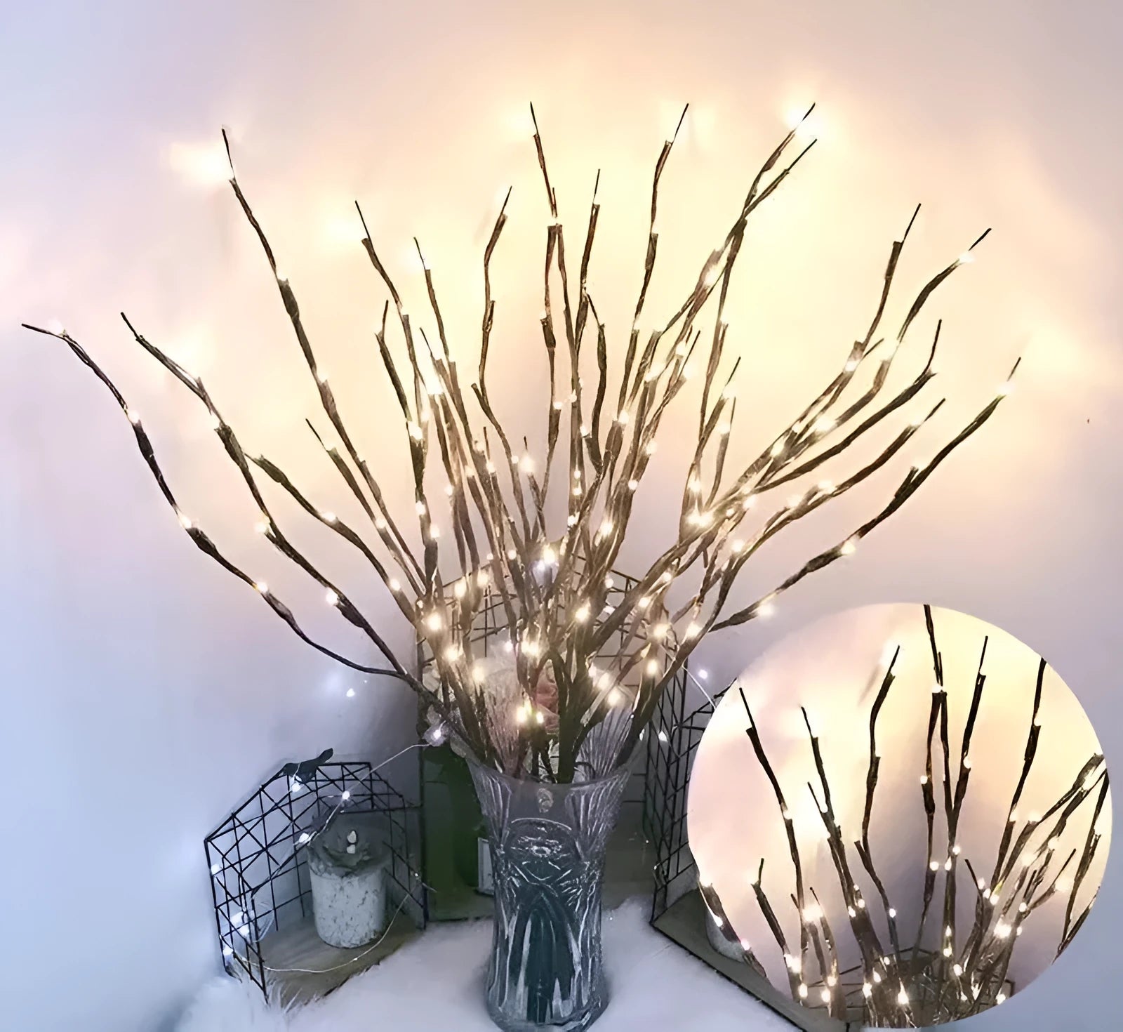LED decorative tree light with silver artificial branches in vase base showing multiple colour options