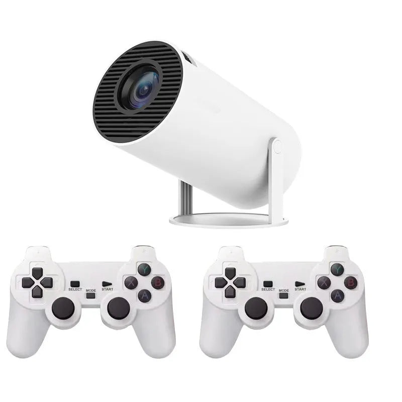 White Barrel X10 PLUS portable smart projector with gamepad and remote control on a table.