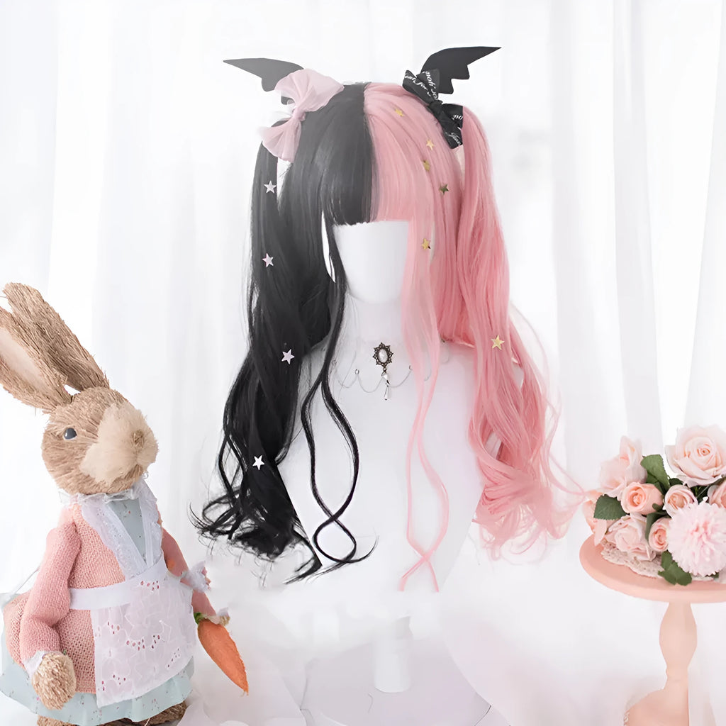 Harajuku Lolita cosplay wig with long black pink curly hair and bangs