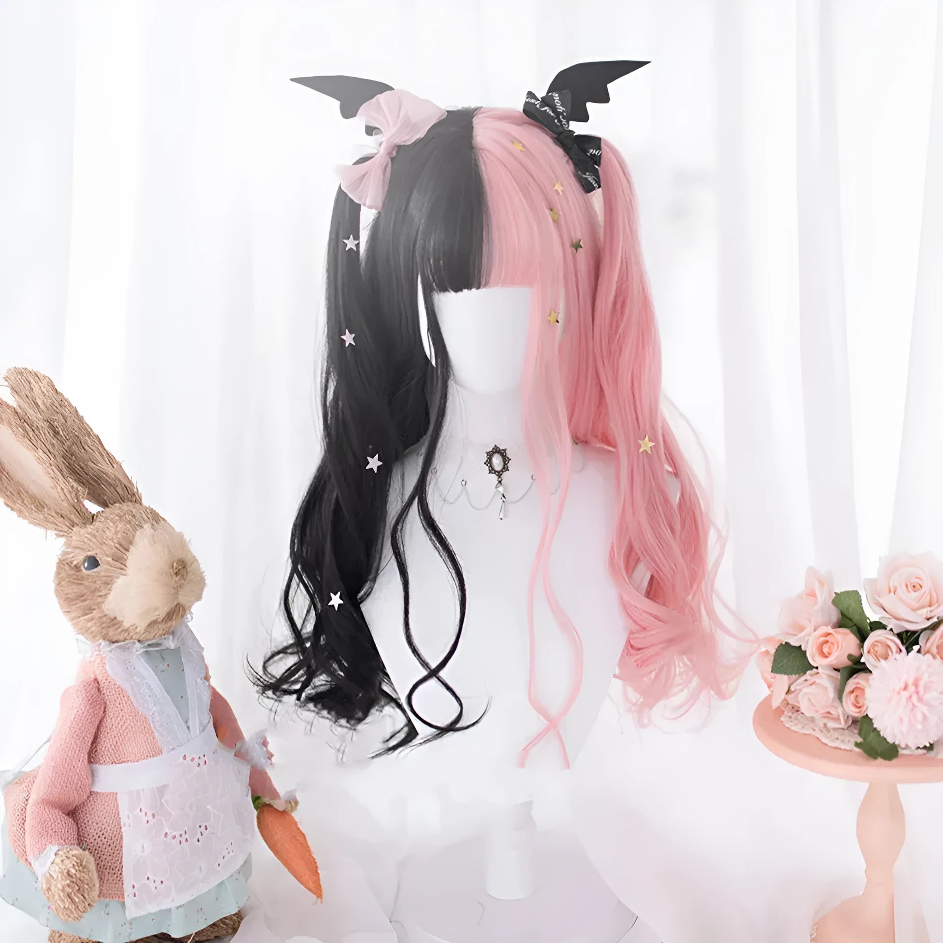 Harajuku Lolita cosplay wig with long black pink curly hair and bangs