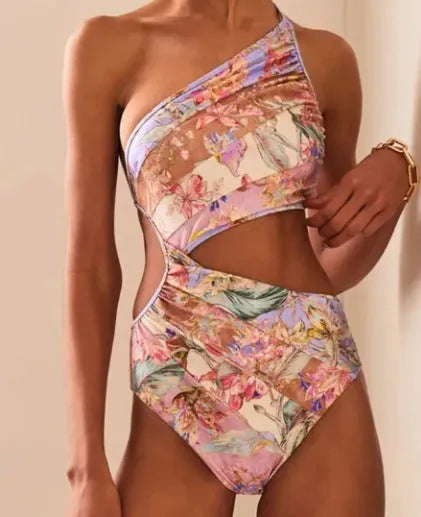 Rose gold floral pattern women's one-piece swimsuit for summer swimming