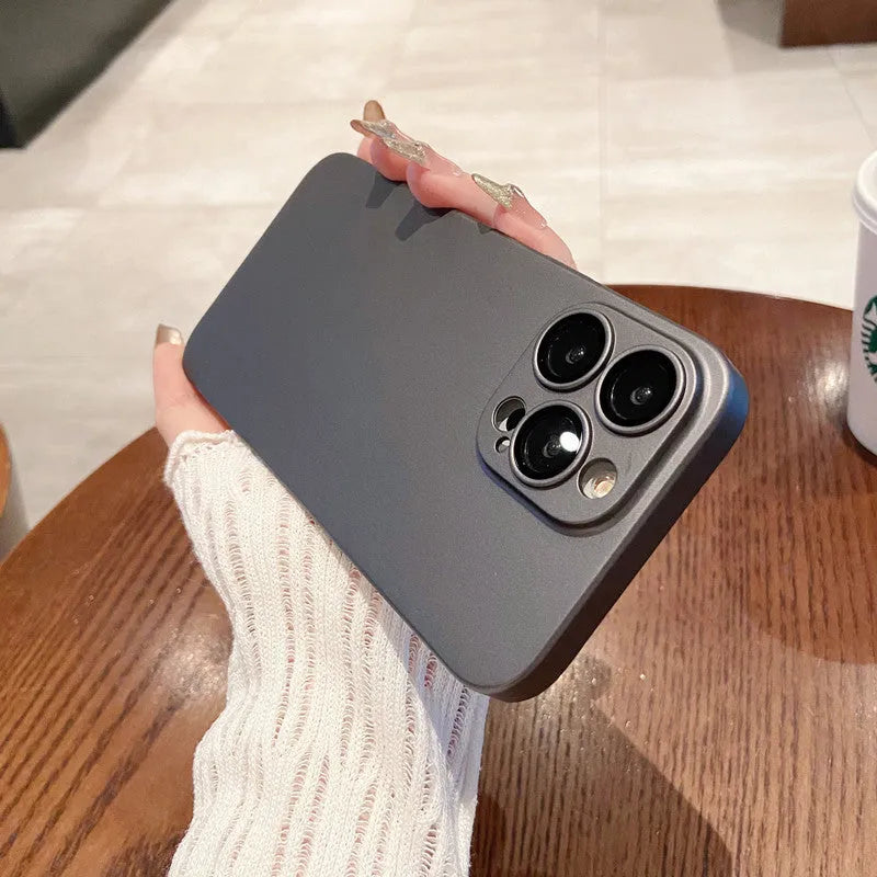 Ultra-thin frosted PC phone case in grey for iPhone showing all-inclusive lens protection