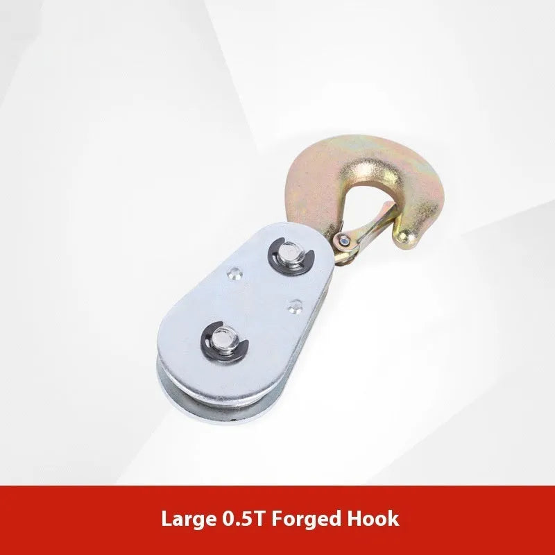 Red industrial lifting pulley with a forged steel safety latch hook and wire rope wheel.