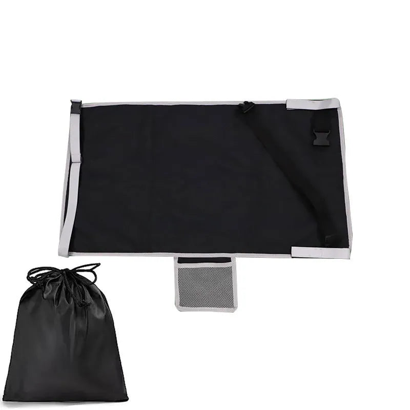 Portable blue children's aircraft seat extender with removable drawstring storage pocket folded for travel