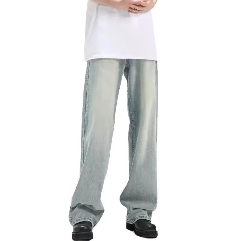 Blue retro casual trousers with elastic waistband and loose fit