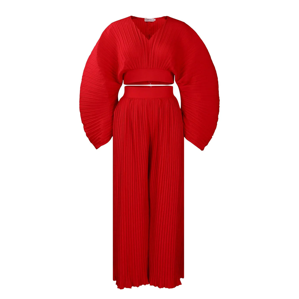 Women's African suit two-piece set with batwing sleeves and wide leg trousers in red or sapphire blue