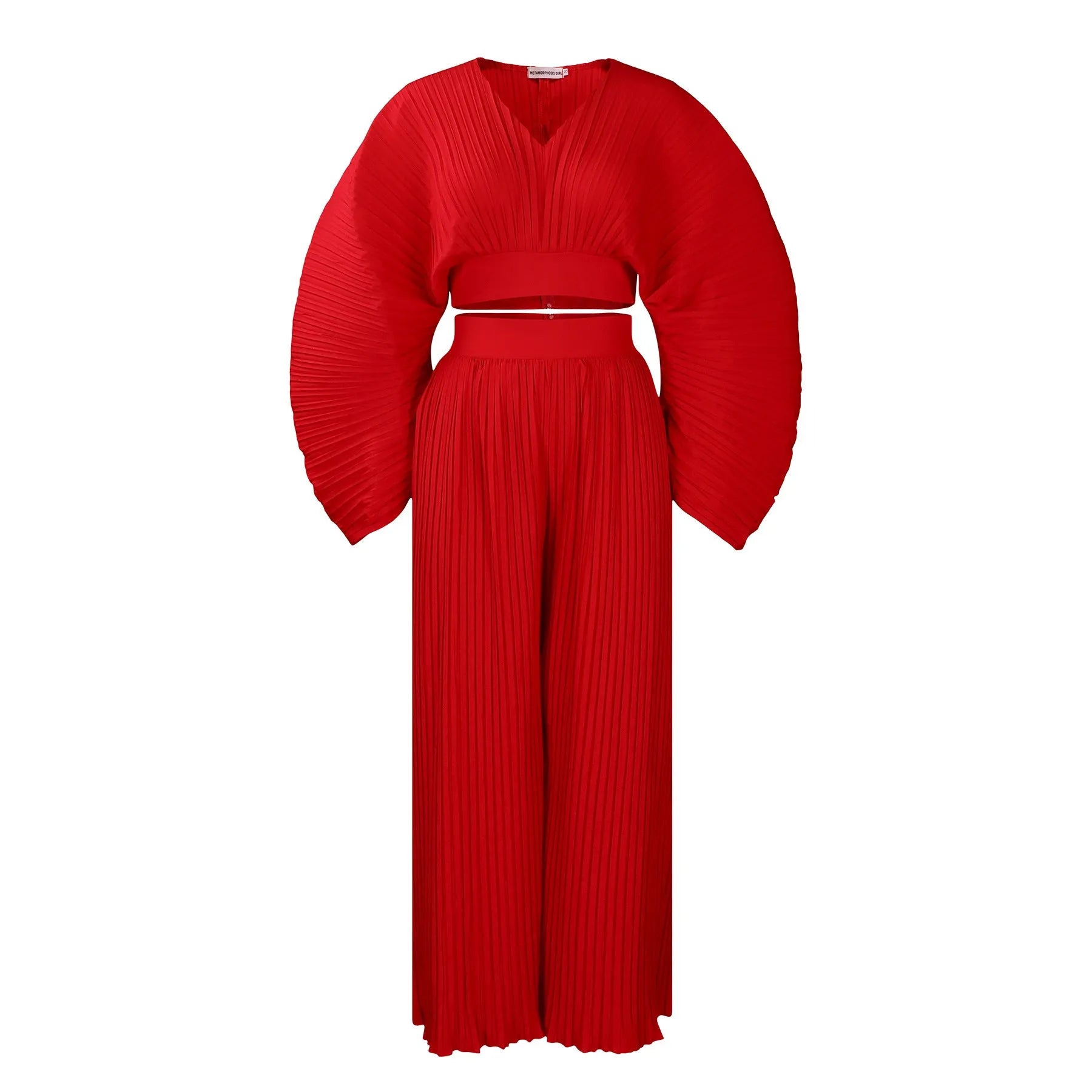 Women's African suit two-piece set with batwing sleeves and wide leg trousers in red or sapphire blue