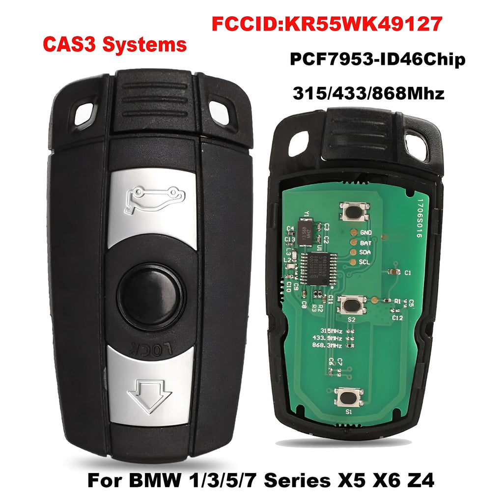 CAS3 semi-intelligent remote car key fob for BMW with three blank metal keys.