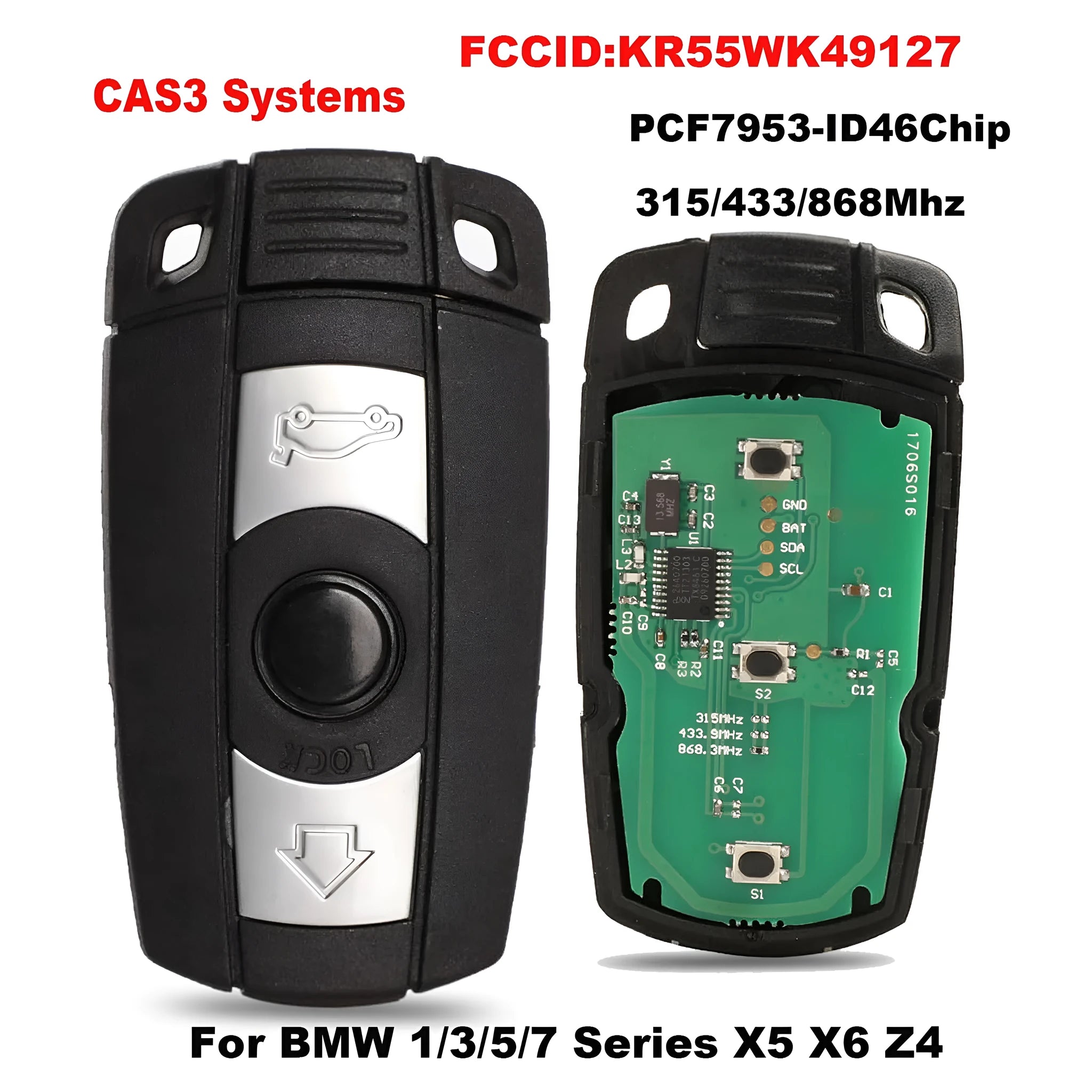CAS3 semi-intelligent remote car key fob for BMW with three blank metal keys.