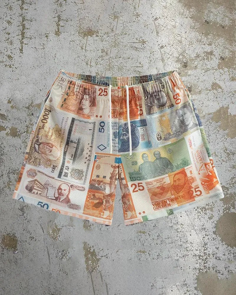 Man wearing loose-fitting digital print beach shorts made from quick-drying milk silk polyester.