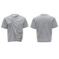 Men's loose grey cotton T-shirt with round neck and asymmetric stitching on the front.