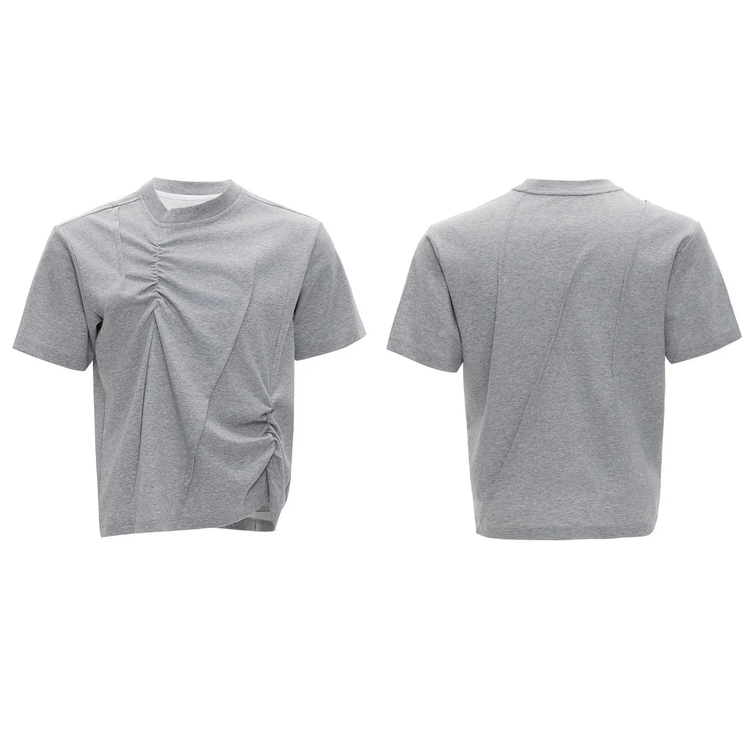 Men's loose grey cotton T-shirt with round neck and asymmetric stitching on the front.