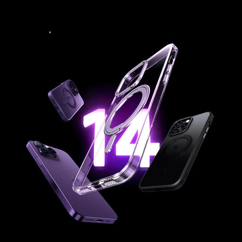 Transparent magnetic shockproof phone case for iPhone on a metallic surface.