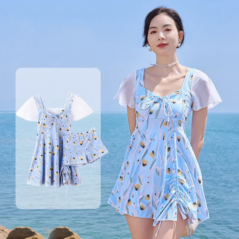 Women's sea salt blue floral print one-piece swimsuit with personalisation option