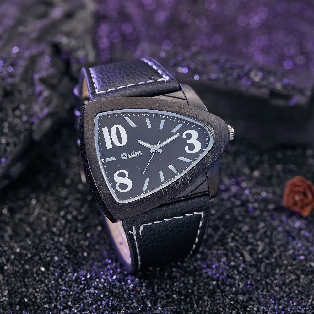 Men's triangular case quartz watch in black, shown on wrist, highlighting its geometric design and slim profile.