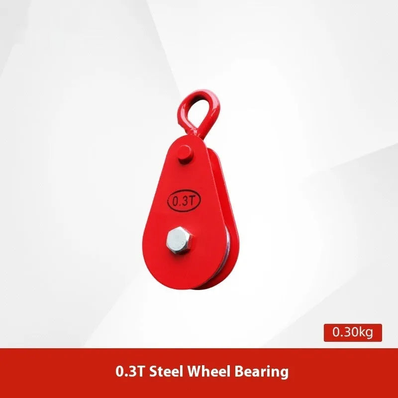 Red industrial lifting pulley with a forged steel safety latch hook and wire rope wheel.
