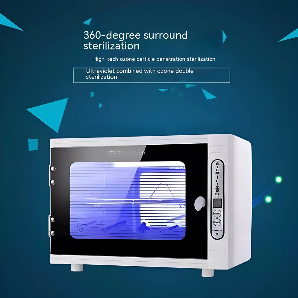 Small silver ultraviolet steriliser unit with stainless steel chamber for salon tool hygiene