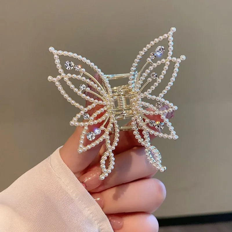 Butterfly-shaped alloy hair clip for women with rhinestone or pearl style decoration