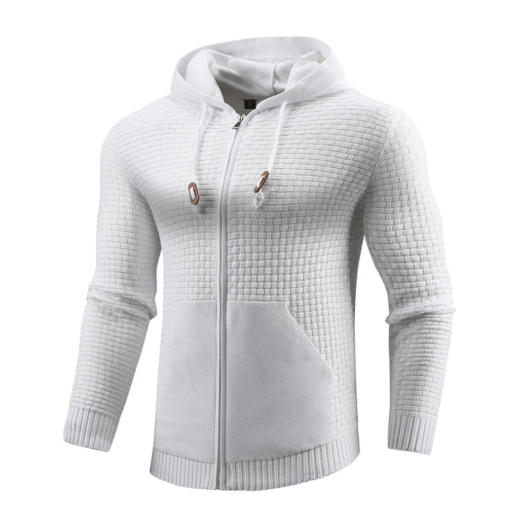 Men's black zipper hoodie with 3D grid pattern, hood, and front pockets