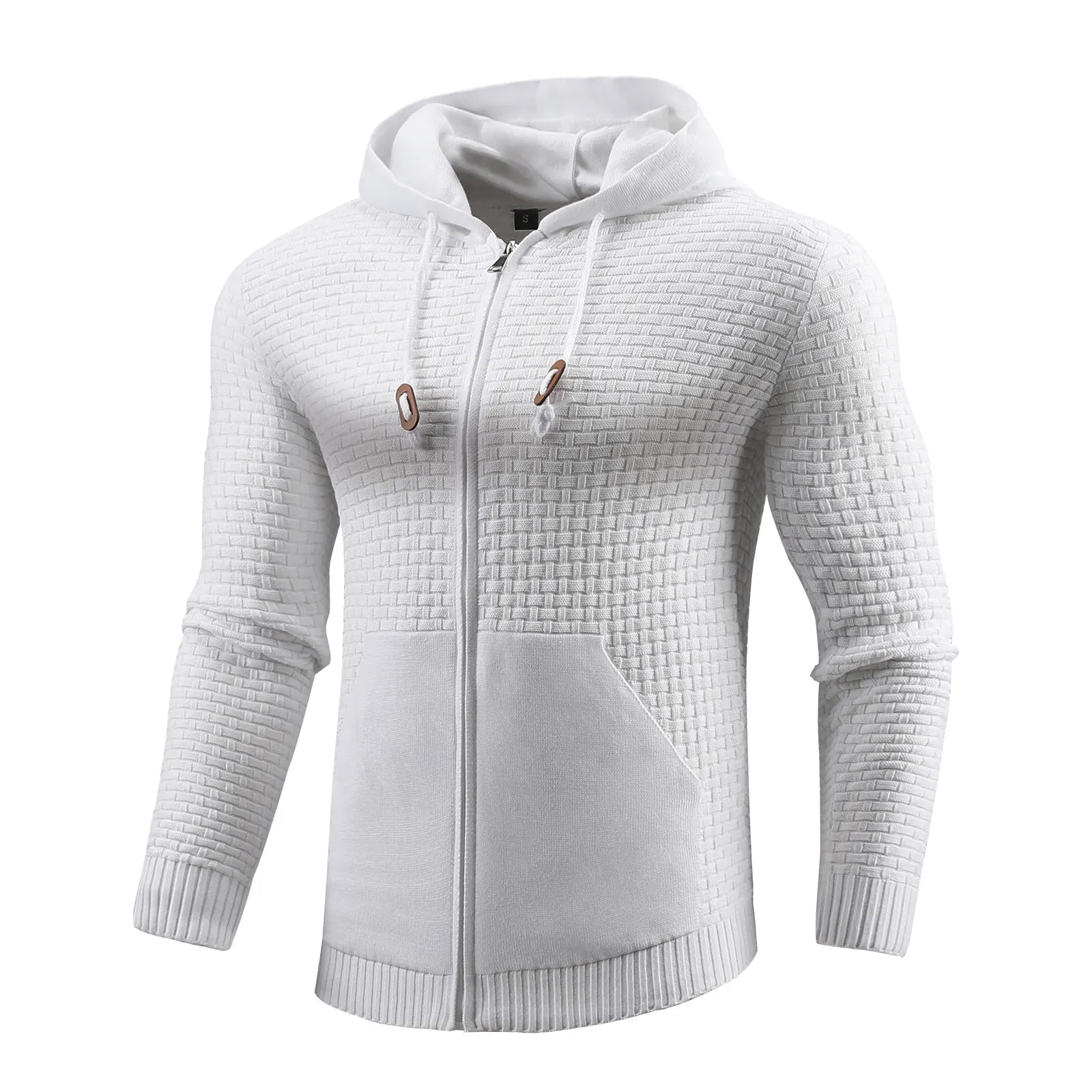 Men's black zipper hoodie with 3D grid pattern, hood, and front pockets