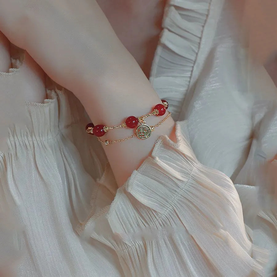 Red agate and alloy double-layer women's bracelet with red horse blessing card charm in gift box