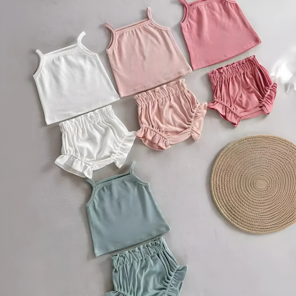 Thin rib cotton two-piece home wear set with sleeveless top and shorts in Rose colour for children 59cm to 100cm height