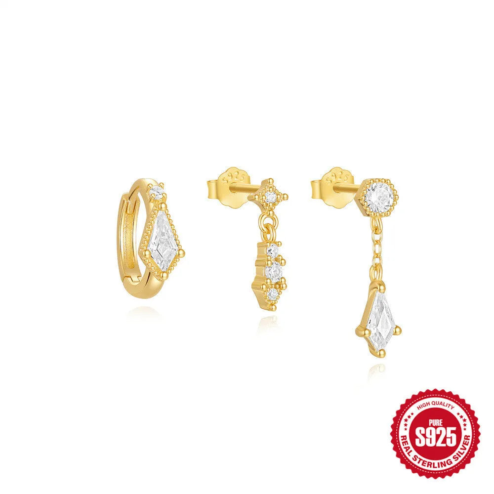 Set of three S925 sterling silver geometric stud earrings with zircon accents in gold tone.