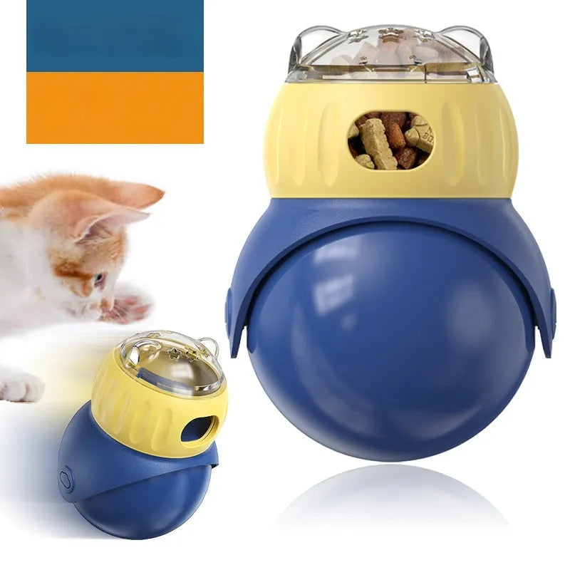 Morandi yellow and blue plastic tumbler owl puzzle cat toy for self-service feeding and mental stimulation.