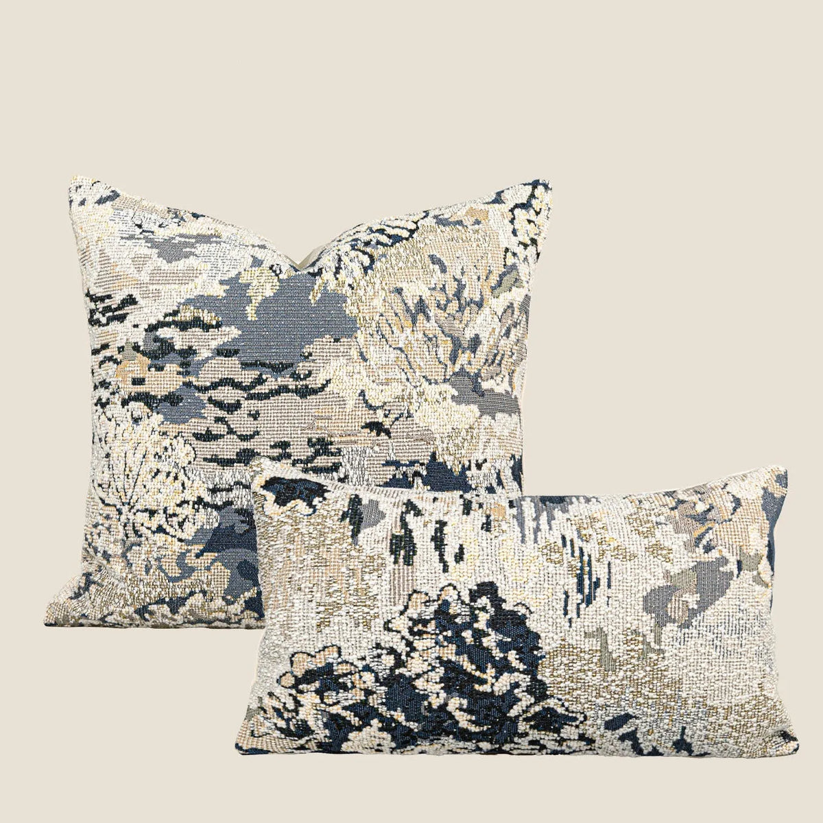 Antique blue wool-blended square throw pillow with abstract floral pattern on a neutral sofa