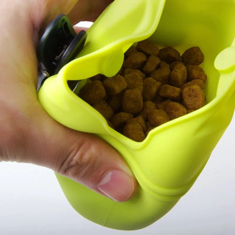 Silicone dog training treat bag with clip attachment in assorted colours