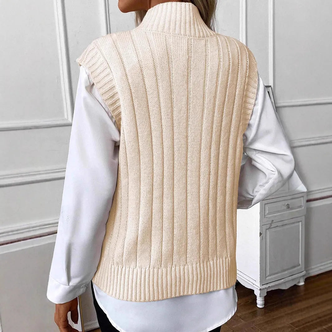 Women's white sleeveless high neck knit sweater with colour block pattern, loose fit, acrylic material