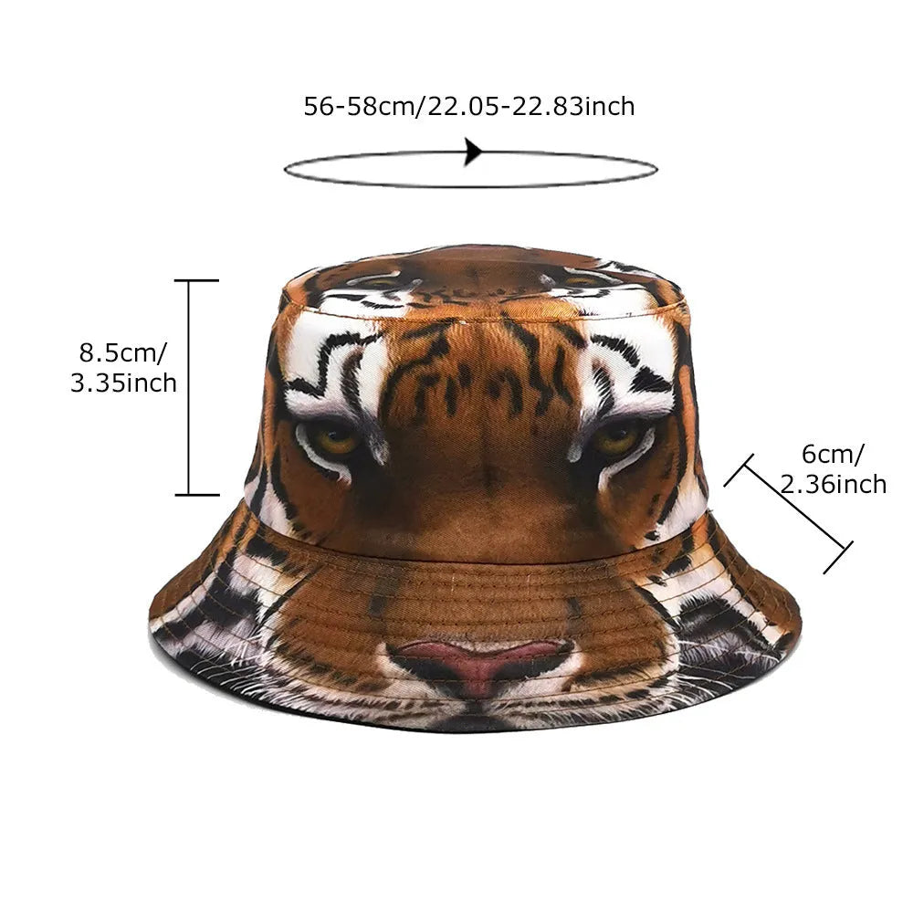 Retro tiger pattern bucket hat with dome crown, polyester, size M 56-58cm, in khaki and black tiger colours