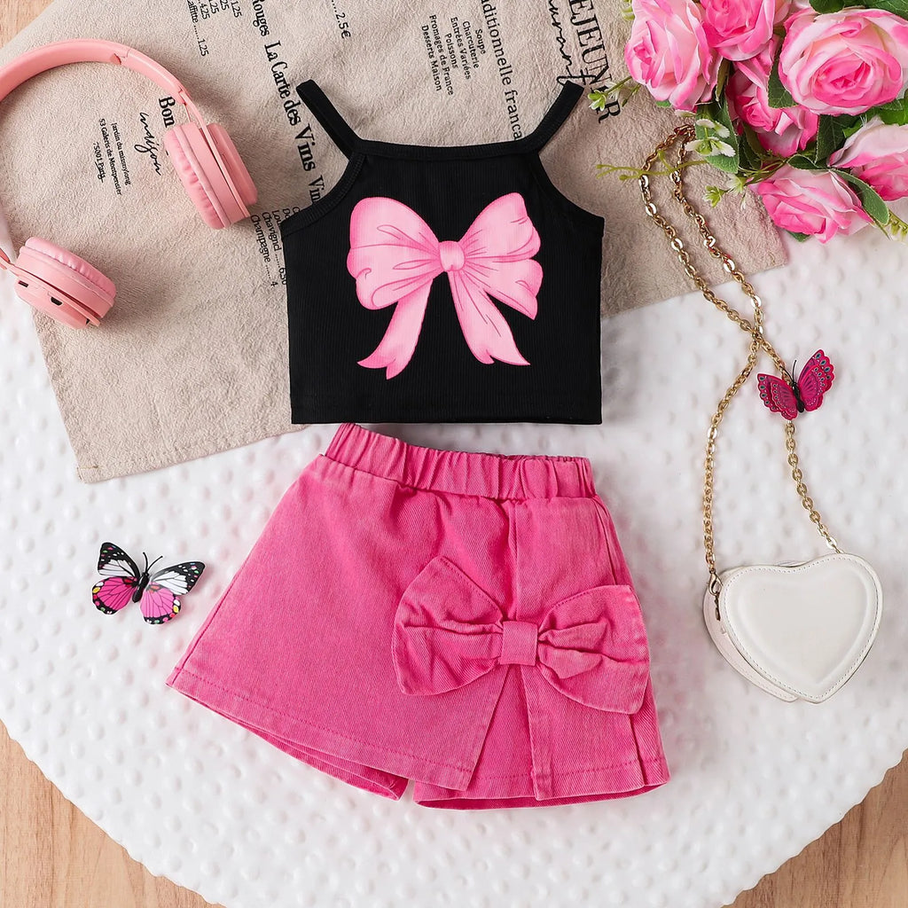Children's cotton bow print sling top and shorts set in blue, sleeveless summer outfit for girls