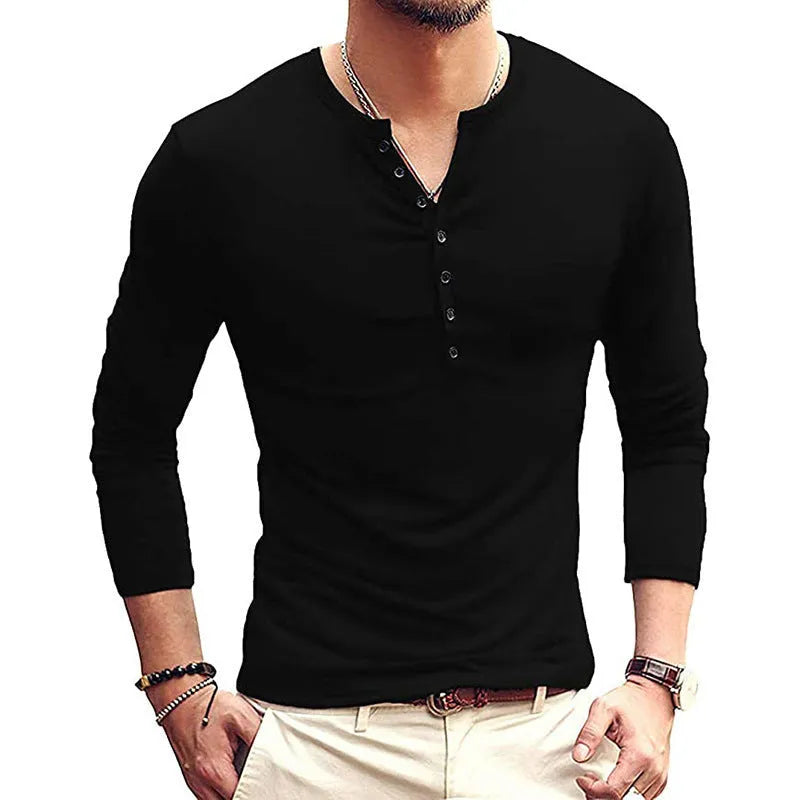 Men's solid blue long sleeved cotton blend t-shirt with a Henry neck, laid flat.