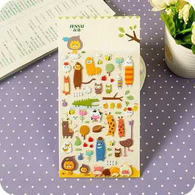 Cartoon three-dimensional bubble stickers sheet showing alpaca, forest animals, and dinosaur designs for hand account decoration