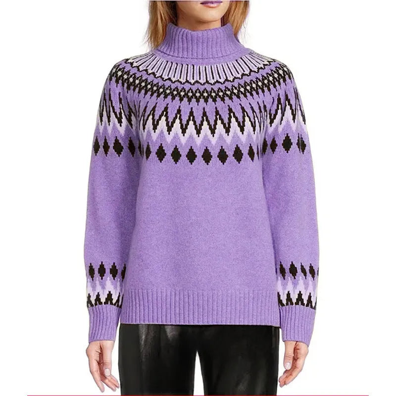 Women's knitted sweater in brown, acetate fibre jacquard pullover with long sleeves, front view
