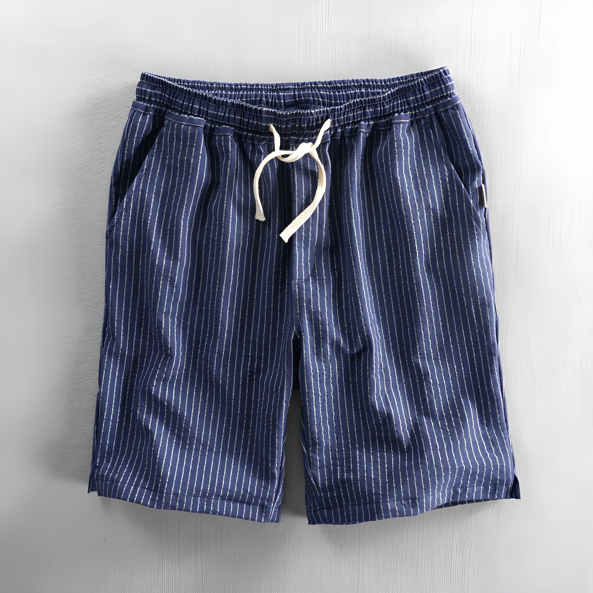 Men's striped cotton casual shorts with loose straight fit and micro elastic waist