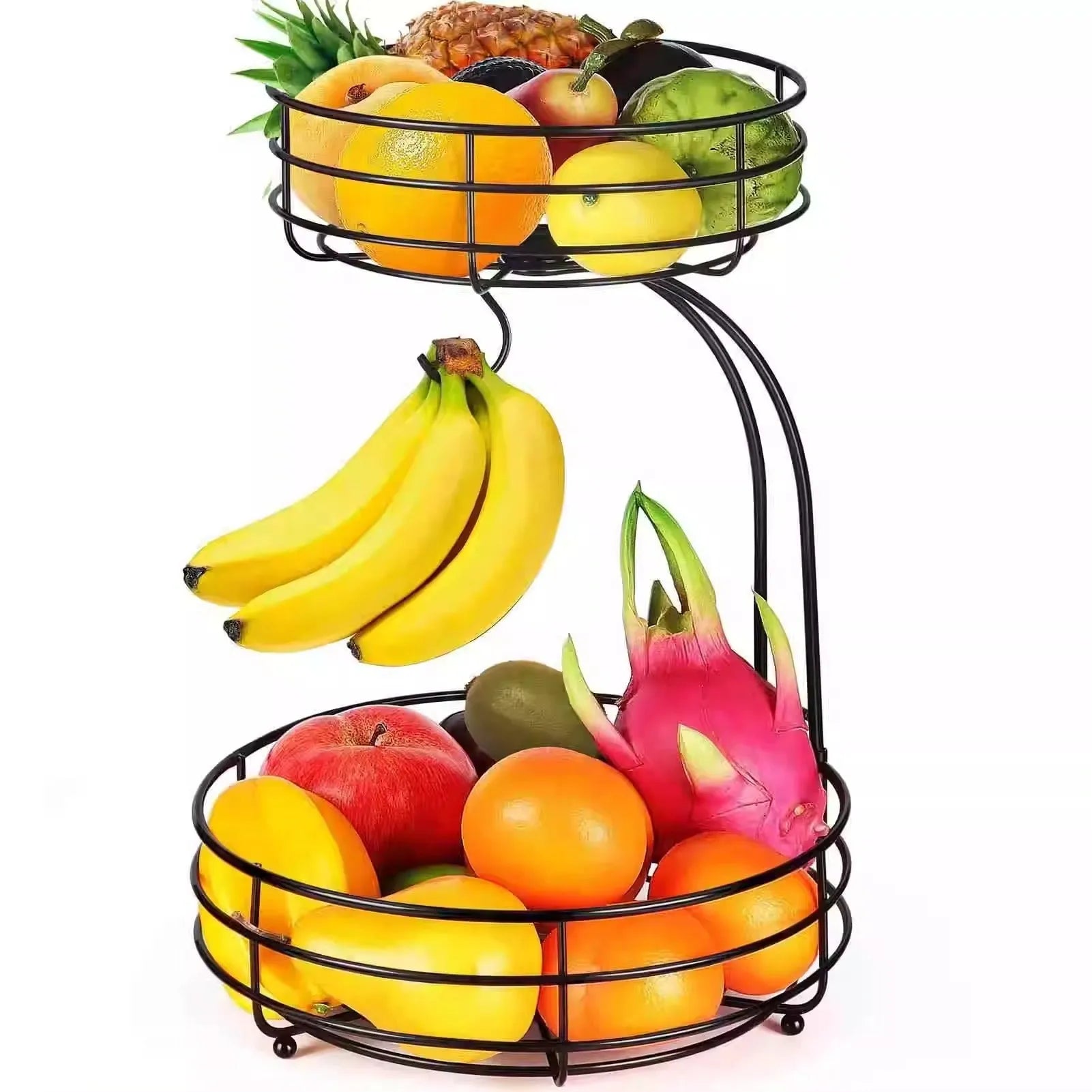 Black wrought iron double-layer fruit basket with two tiers for storing fruits and vegetables