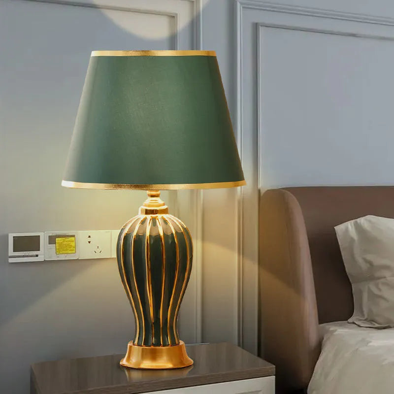 Ceramic table lamp with vertical stripe pattern and touch or remote switch for bedroom or living room