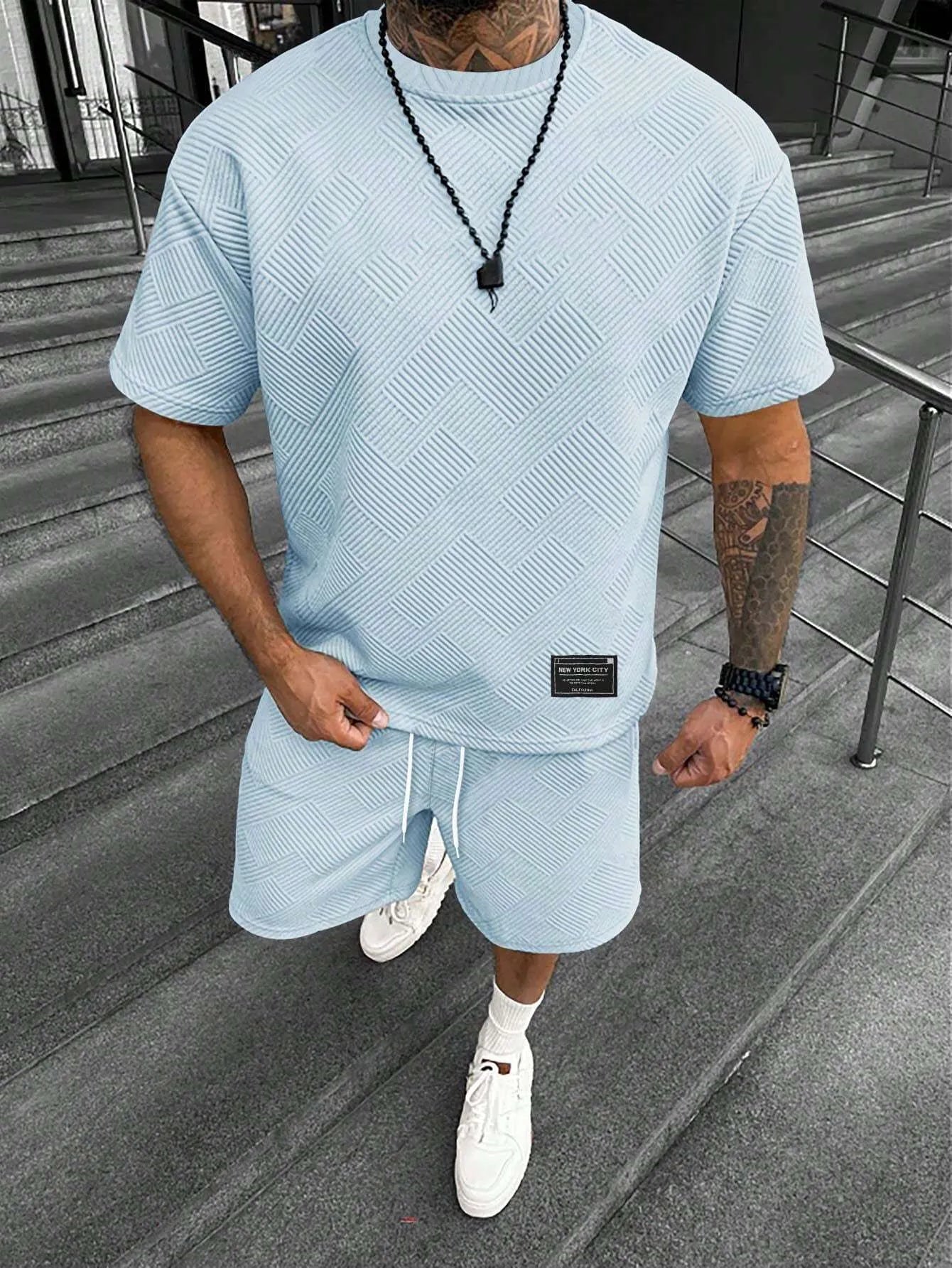 Men's two-piece shorts set with 3D printed design in chemical blend fabric