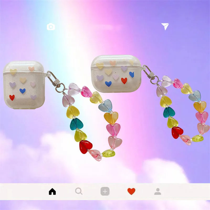 Color love chain TPU flip protective case for Apple AirPods, solid colour graphic, with chain attachment for hands-free carrying